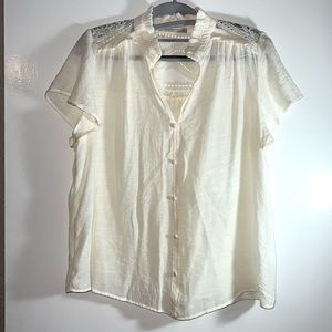 Lightweight beige blouse with romantic lace detail, size Large